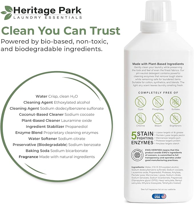 Heritage Park Luxury Laundry Detergent | Dermatologist Tested Plant based Natural & Enzyme Laundry Detergent | Sensitive Skin Friendly - Shore Breeze (32 fl oz)