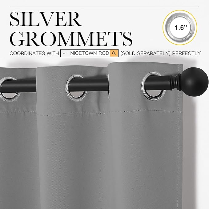 NICETOWN Silver Grey Thermal Insulated Grommet Blackout Curtains, Kids Window