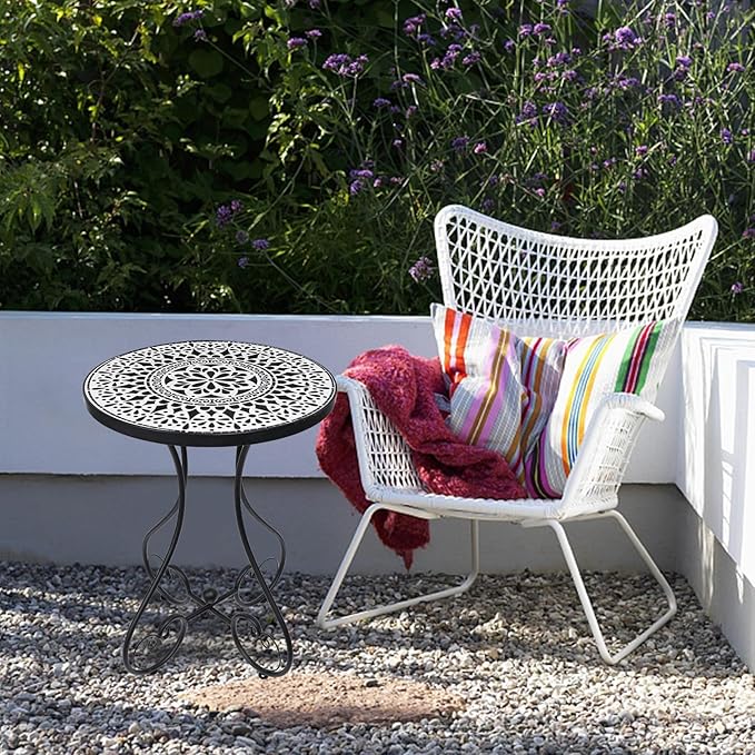 VCUTEKA Outdoor Side Table Mosaic Patio Table Accent Tables Mosaic Tile Top Metal Frame Small End Tables Porch Beach Patio Garden Balcony Black 14 inch