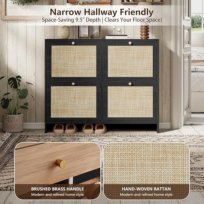 Nicetree Shoe Cabinet Storage for Entryway, 4-Flip Drawer Narrow Shoe Rack, Organic Modern Rattan Shoe Organizer with Gold Legs, Shoe Organizer Fits Men's Size 13.5, Black