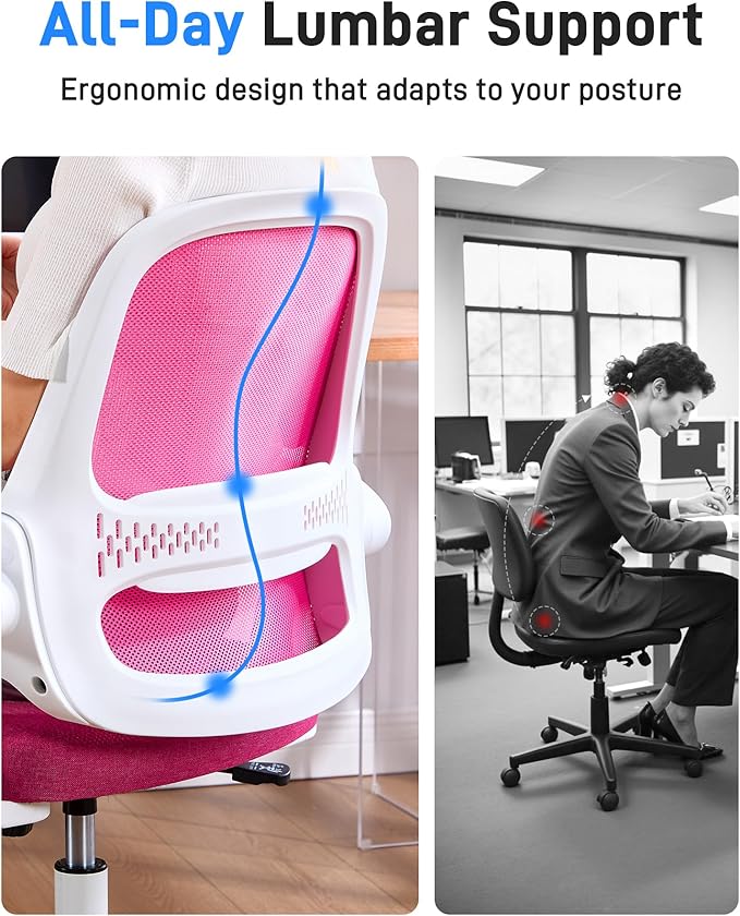 Ergonomic Mesh Office Chair for Home Office, Flip-Up Arms, Breathable Mesh Back & Thick Seat Cushion, Swivel Rolling Computer Desk Chair – BIFMA Certified, Supports 300 lbs (White Frame/Pink Seat)