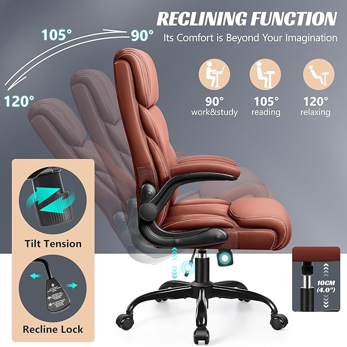 Office Chair, Ergonomic Big and Tall Computer Desk Chairs, Executive Breathable Leather Chair with Adjustable High Back Flip-up Armrests, Lumbar Support Swivel PC Chair with Rocking Function