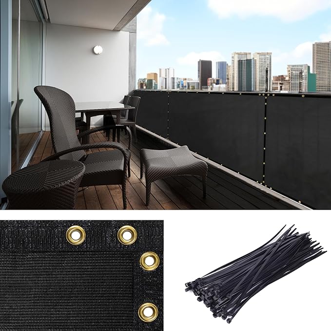 Amgo Custom Made 3' x 37' Black Balcony Privacy Screen, Apartment Porch Railing Patio Fence Windscreen Fabric Cloth, Heavy Duty, Commercial and Residential, 90% Blockage (We Customize)