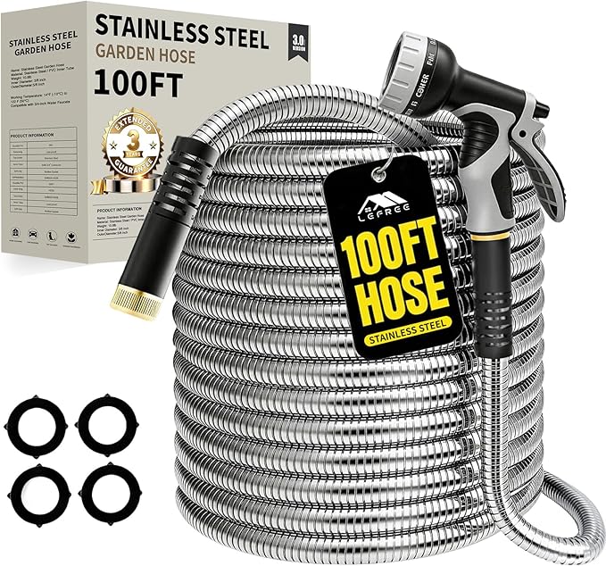 Lefree 100ft Metal Garden Hose - Heavy Duty 304 Stainless Steel Flexible Water Hose, No Kinks & Leak-Proof with Upgraded Handle, 10-Function Spray Nozzle & 4 Spare Gaskets for Yard, RV, Pet Bath