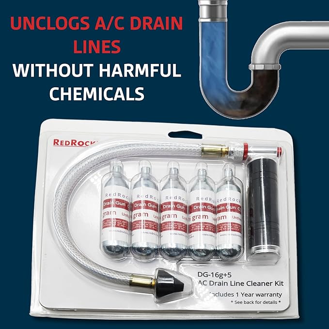 RedRock Gallo Drain Gun AC Drain Line Cleaner Tool, HVAC Air Conditioner Condensate Blaster Cleaning Kit with Flexible Hose Pipe, Includes 5 Unthreaded CO2 Cartridges
