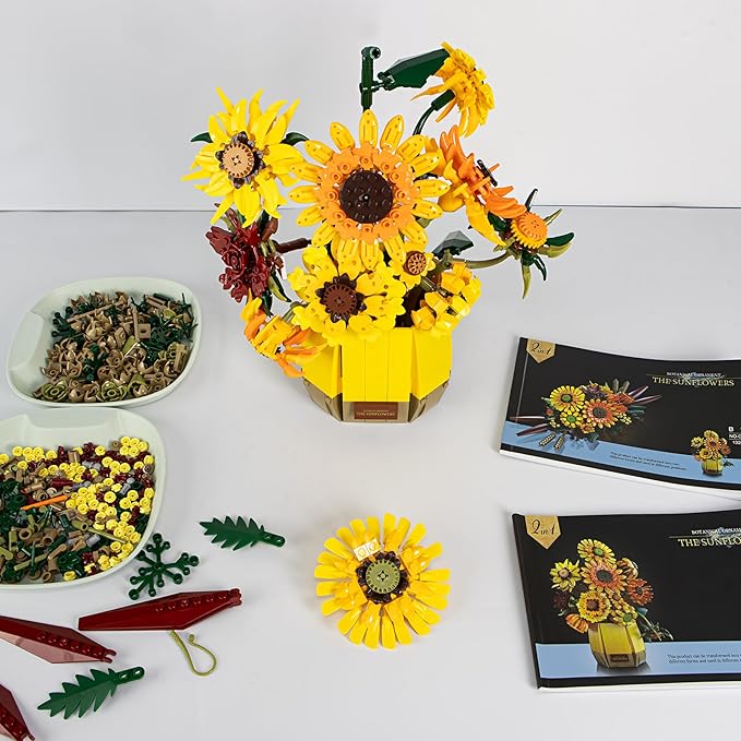 2 in 1 Sunflower Building Blocks Set with Vase, Botanical Collection Artificial Flowers Compatible with Lego for Adults, Gift for Christmas Home Décor Flower Table Centerpiece