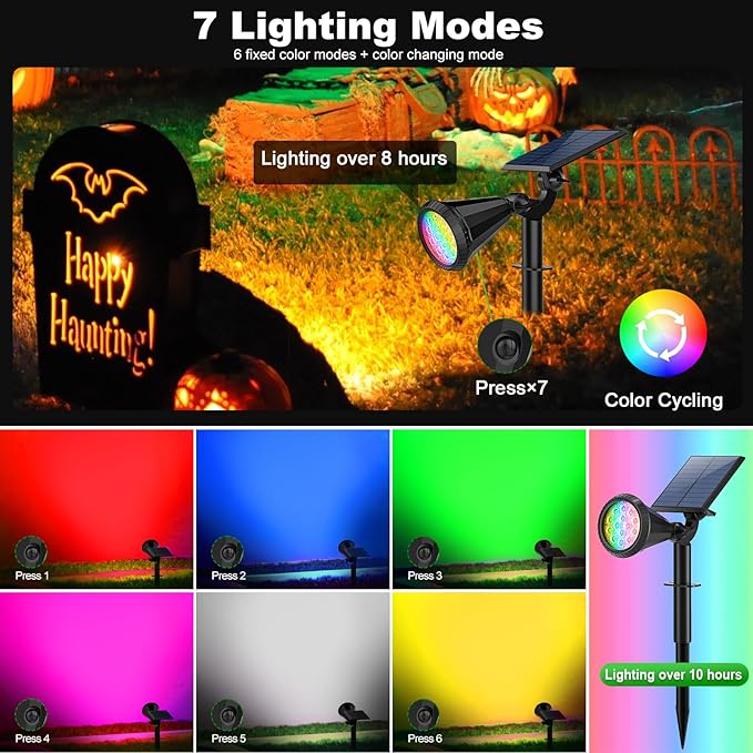 Color Changing Solar Spot Lights Outdoor Waterproof 180° Adjustable Colored RGB Solar Powered Landscape Lights for Yard 7 Lighting Modes Solar Spotlights for Pathway Garden Outside (6 Pack)