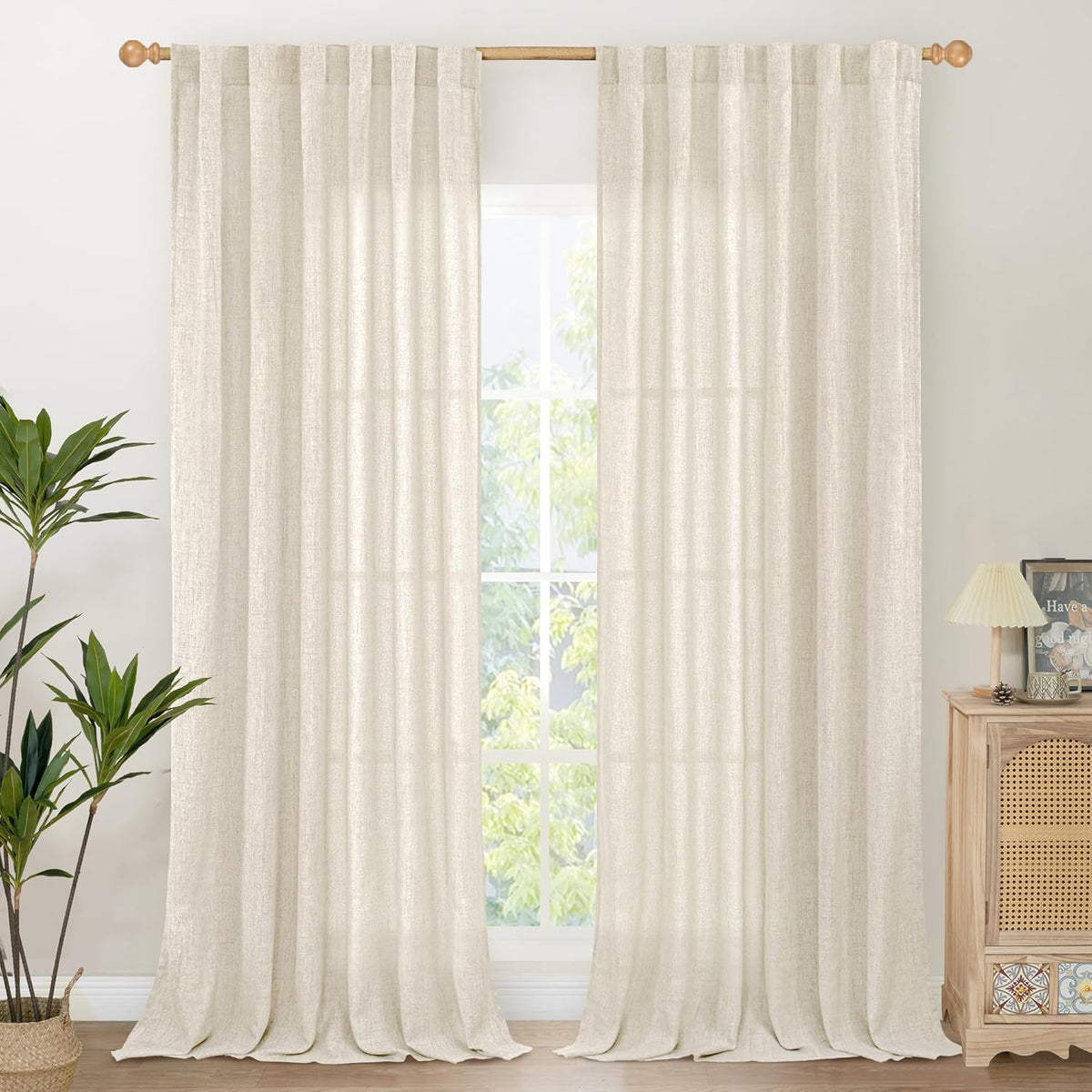 YoungsTex Linen Semi Sheer Curtains 84 Inch Length for Living Room 2 Panels Set - Boho Light Filtering Window Treatments Drapes with Rod Pocket Back Tab for Bedroom Dining, 52 X 84 Inch