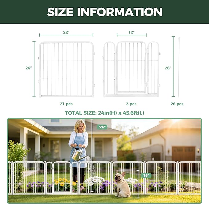 FXW Garden Fence Outdoor for the Yard – 24in(H) x 45.6ft(L) Heavy Duty Metal Animal Barrier for Dog, No Dig Decorative Dog Fence, 24 Panels, White