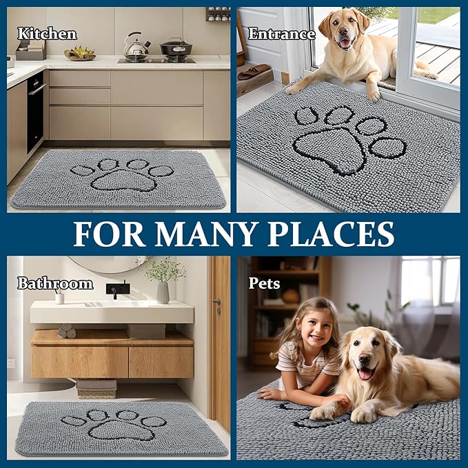 OLANLY Dog Door Mat for Muddy Paws 59x24, Paw Print Design, Absorbs Moisture and Dirt, Absorbent Non-Slip Washable Doormat, Quick Dry Chenille Mud Mat for Dogs, Entry Indoor Entryway Carpet, Grey