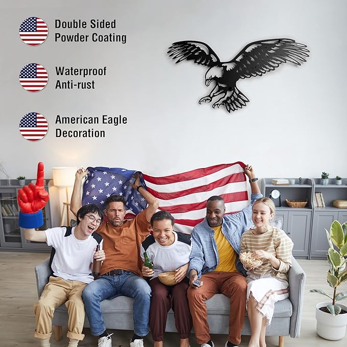 Bald Eagle Metal Wall Art – Black Patriotic Eagle Decor, Metal Wall Hanging for Indoor Outdoor Home, Garage, Man Cave, Rustic Wildlife Gift for Men