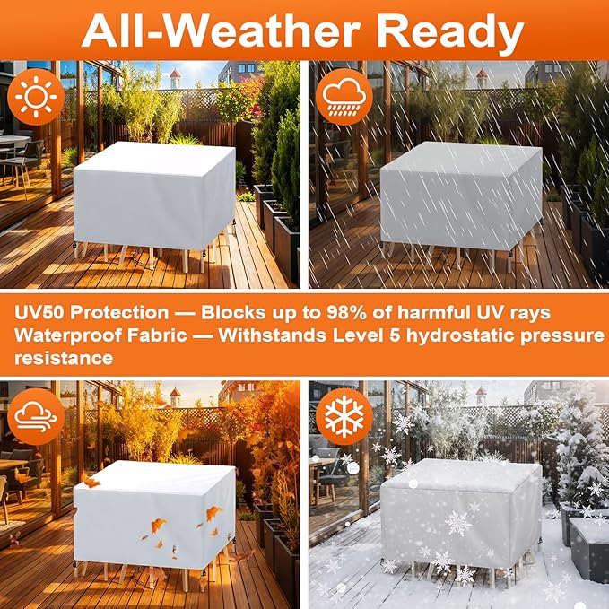 Patio Furniture Cover Rectangle 68"(L) x 48"(W) x 32"(H), Custom Heavy Duty 420D Waterproof Outdoor Cover with Drawstring & Buckles for Table Chair Garden, Silver