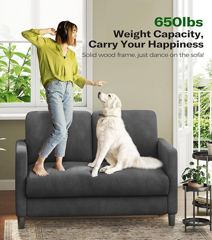 Loveseat Sofa, 51" Love Seat, Comfy Corduroy Small Loveseat for Small Spaces, Tool-Free Setup Couch for Bedroom, All-Wood Couches for Living Room, No Pillow Included, Grey
