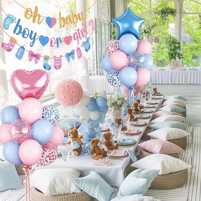 Gender Reveal Decorations Pink Blue Boys or Girls Balloon Set with Star Heart Foil Confetti Balloons Oh Baby Bunting Banner Socks Bottle Paper Garland Pastel Pink Blue Baby Shower Party Decor Kit