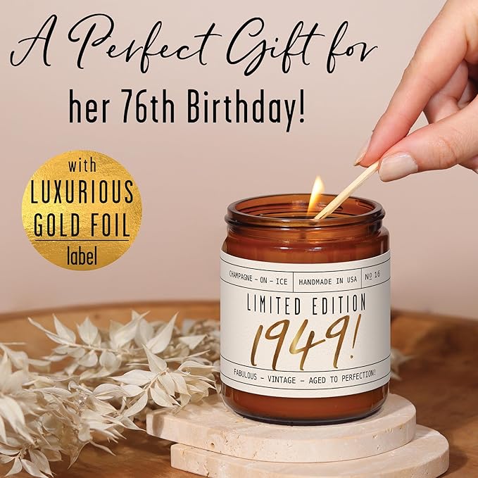 76th Birthday Gifts for Women - 'Limited Edition 1949' Soy Candle, w/Champagne on Ice I 76 Birthday Gifts for Women I 76th Birthday Gift for Her Ideas I 9oz Reusable Jar, 50Hr Burn, Made in USA