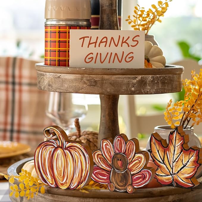 Smile 3 Pcs Wooden Blocks Pumpkin Turkey Maple Signs, Thanksgiving Tiered Tray Decorations, for Home Table Shelf.