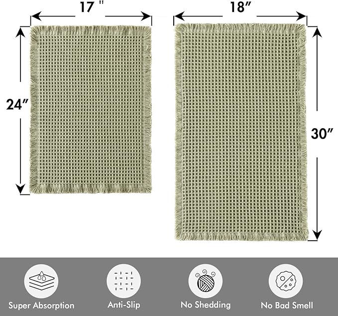 MIULEE Set of 2 Waffle Bathroom Rugs, Boho Bath Rugs Non Slip Washable, Super Absorbent Bath Mats, Ultra Soft Rubber Backed Shower Mats for Bathroom Floor, Tub, Sage Green, 17"x24"+18"x30"