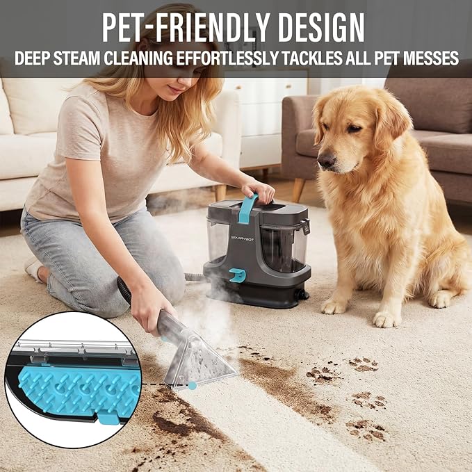 Starrybot Portable Carpet Cleaner Machine with Steam and Heating Techology,18Kpa Powerful Suction with Versatile Tools for Pets, Couch,Spot Cleaner for Stairs/Furniture/Rug(Gray)