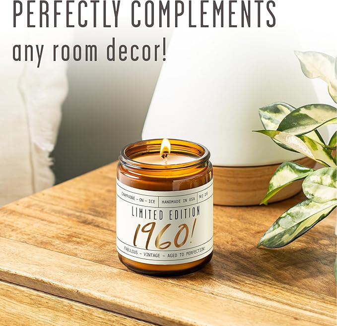 65th Birthday Gifts for Women - 'Limited Edition 1960' Soy Candle, w/Champagne on Ice I 65 Birthday Gifts for Women I 65th Gift for Her Ideas I 9oz Reusable Jar, 50Hr Burn, Made in USA