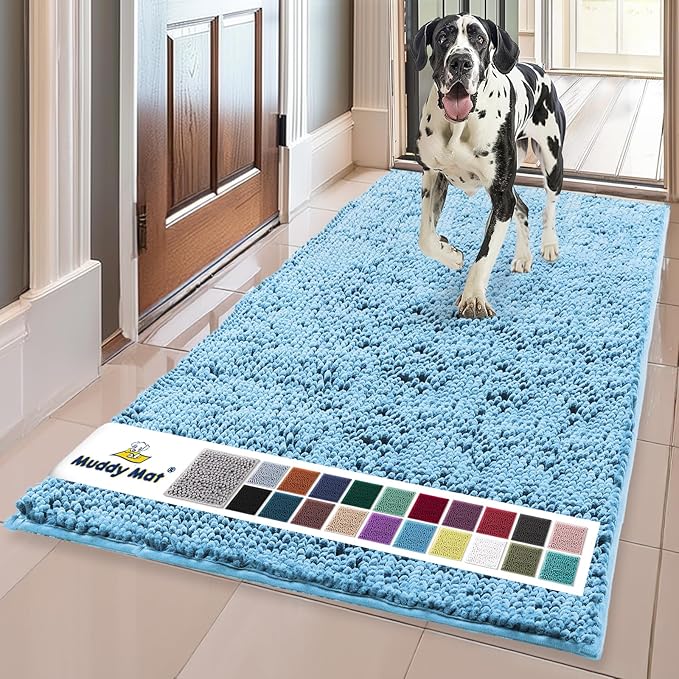 Muddy Mat® | Super Water Absorbent Door Mat Indoor, Microfiber Quick Dry Chenille Entryway Rug, Slip Resistant Front Door Mat, Indoor Mats for Entryway, Machine Washable Pet Rug, Sky Blue 35"x60"