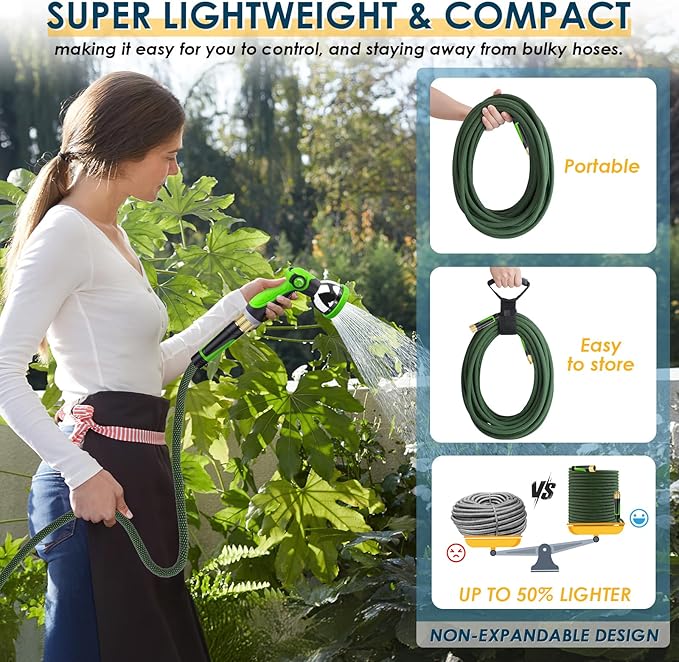 Non-Expandable Garden Hose 75 FT, Lightweight Hose with 10 Function Spray Nozzle, Kink-Free Flexible Water Hose, Durable, Leak-Proof, 360° Swivel Connectors, Portable Storage Strap
