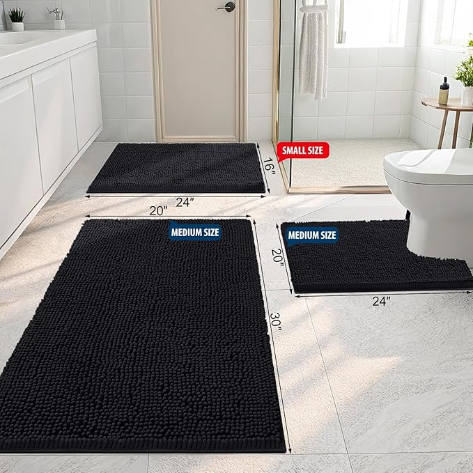 Smiry Luxury Chenille Bathroom Rugs 59x20, Extra Soft and Absorbent Shaggy Bath Mat, Machine Washable, Non-Slip Plush Carpet Runner for Tub, Shower, and Floor, Home Decor Accessories, Black