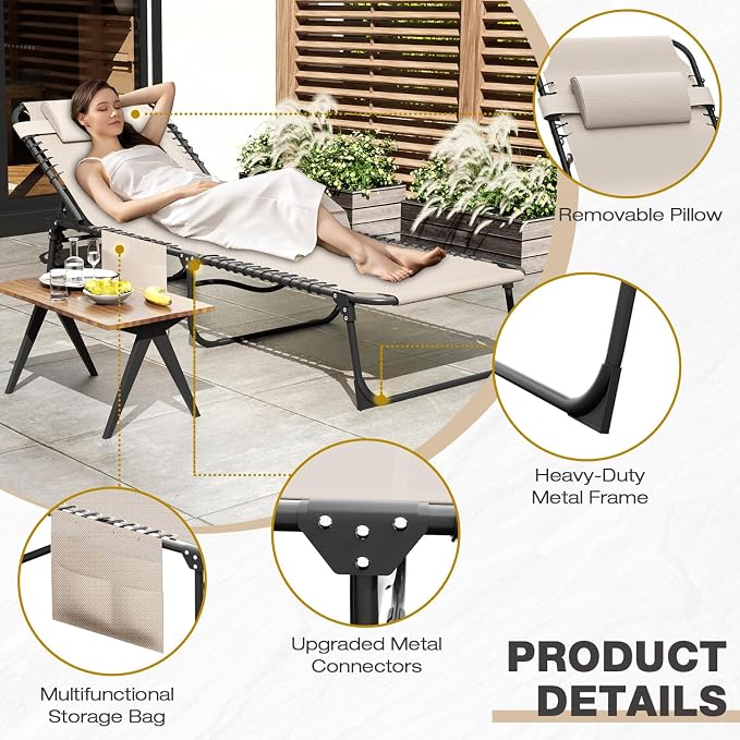 EBE Folding Lounge Chair, Outdoor Adjustable Chaise Lounge Chair, Portable Tanning Chaise with Detachable Pillow and Side Pocket, Reclining Chairs for Pool Beach Patio Sunbathing, Beige