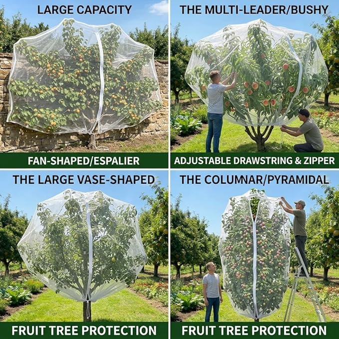 1 Pack 13.2×13.2Ft Extra Large Drawstring & Zipper Fruit Tree Netting Cover - Reusable Bird Netting for Blueberry Bushes, Anti-Cicada/Deer/Squirrel Large Plant Protection Net