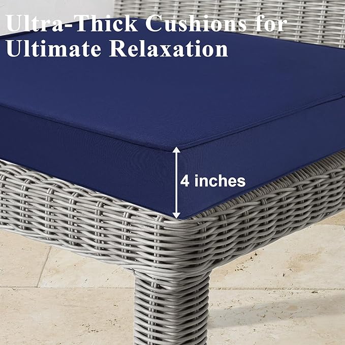 Outdoor Chair Cushions 24x24x4 Inch, Waterproof Blue Patio Furniture Cushions Set of 2 with Ties & Handle, 3 Year Color Fastness Square Replacement Seat Cushions for Sofa, Couch
