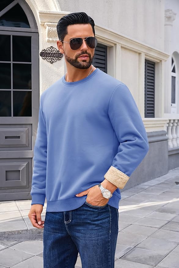 Boladeci Men's Full Sherpa Lined Crewneck Sweatshirts Heavy-weight Fleece Pullover Thick Thermal Long Sleeve Cotton