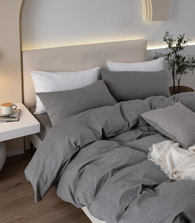 JIYUAN 100% Washed Cotton Duvet Cover Set 3 PCS Super King Plus, 1 Duvet Cover 120"x120" (Comforter Not Included) and 2 Pillowcases,Linen Feel Bedding Set Comfy and Breathable, Heathered Dark Grey