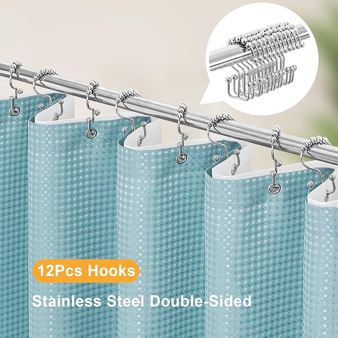 3 in 1 Long Shower Curtain Set-72 W x 78 H, Teal Blue Waffle and PEVA Liner Set with 12 Stainless Steel Hooks, Waterproof Fabric for Bathroom