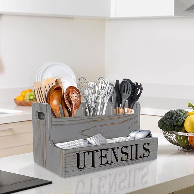 Suli Kitchen Utensils Holder, White Wooden Utensil Organizer for Kitchen Countertop, Farmhouse Utensil Storage, Rustic Cooking Utensils ,4 Compartments,- Grey Grain