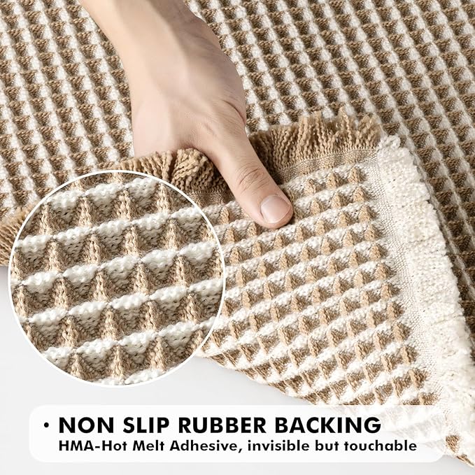 MIULEE Set of 2 Waffle Bathroom Rugs, Boho Bath Rugs Non Slip Washable, Super Absorbent Bath Mats, Ultra Soft Rubber Backed Shower Mats for Bathroom Floor, Tub, Brown & White, 17"x24"+18"x30"