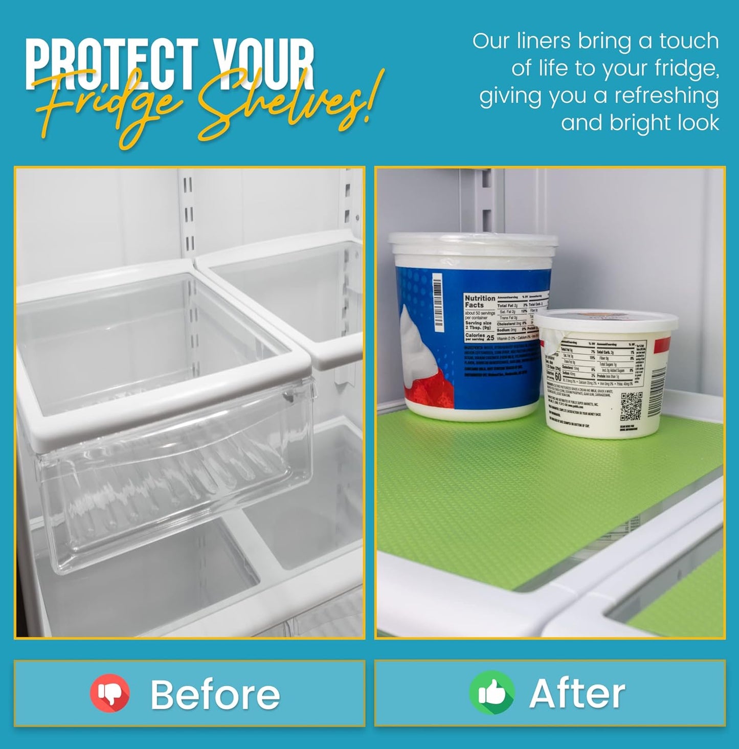 Refrigerator Liners for Shelves (16 Pack) by Linda’s Essentials - Non-Adhesive Shelf or Drawer Liner, BPA-Free Fridge Mats for Kitchen & Cabinets, Easy to Clean, Ideal Household Essentials (Green)