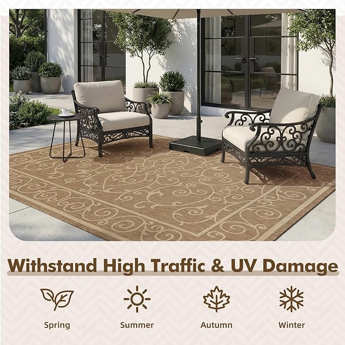 MontVoo-Outdoor Rug-Patio Rug 6x9 ft Polypropylene Indoor Outdoor Rugs Outdoor Carpet for Patio Deck Balcony Porch, Textured Weave, Durable for High Traffic, Fade-Resistant, Vintage Neutral Brown