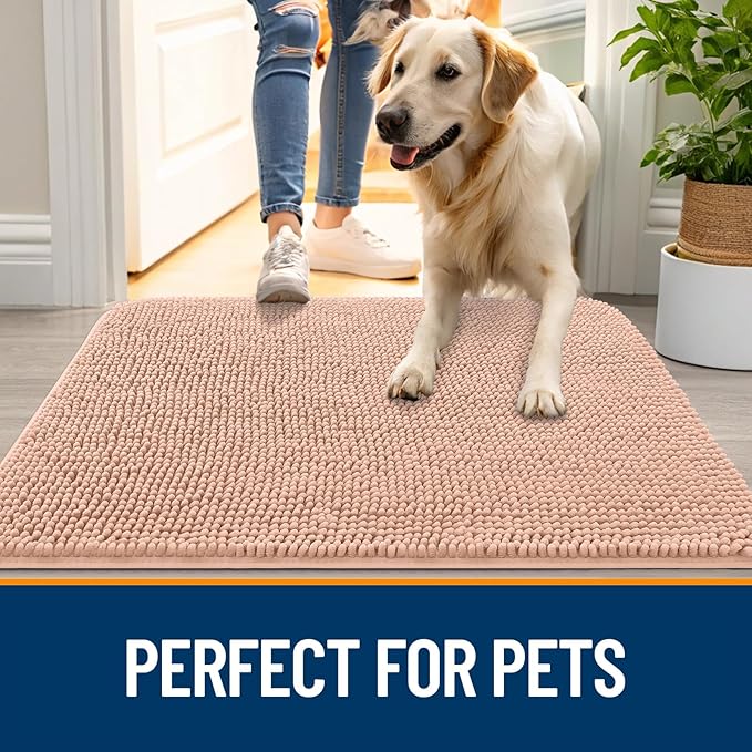 OLANLY Dog Door Mat for Muddy Paws 30x17, Absorbs Moisture and Dirt, Absorbent Non-Slip Washable Doormat, Quick Dry Chenille Mud Mat for Dogs, Entry Indoor Entryway Carpet for Inside Floor, Peach