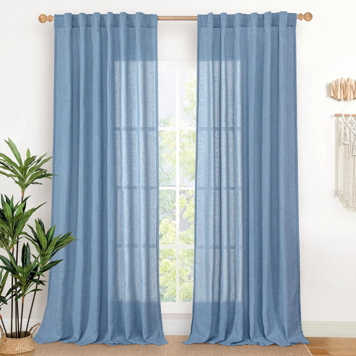 YoungsTex Denim Blue Linen Semi Sheer Curtains 84 Inches Long for Living Room 2 Panels, Light Filtering Drapes with Rod Pocket Back Tab Privacy for Bedroom Dining Room Office, 52 x 84 Inch