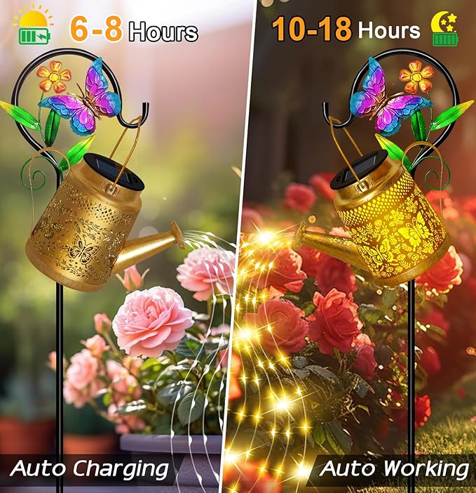Solar Watering Can Lights Outdoor Garden Decor, Large Butterfly Hanging Lantern with Shepherd Hook, Waterproof Garden Lights for Outdoor Landscape Pathway Yard, Gift for Mom Grandma