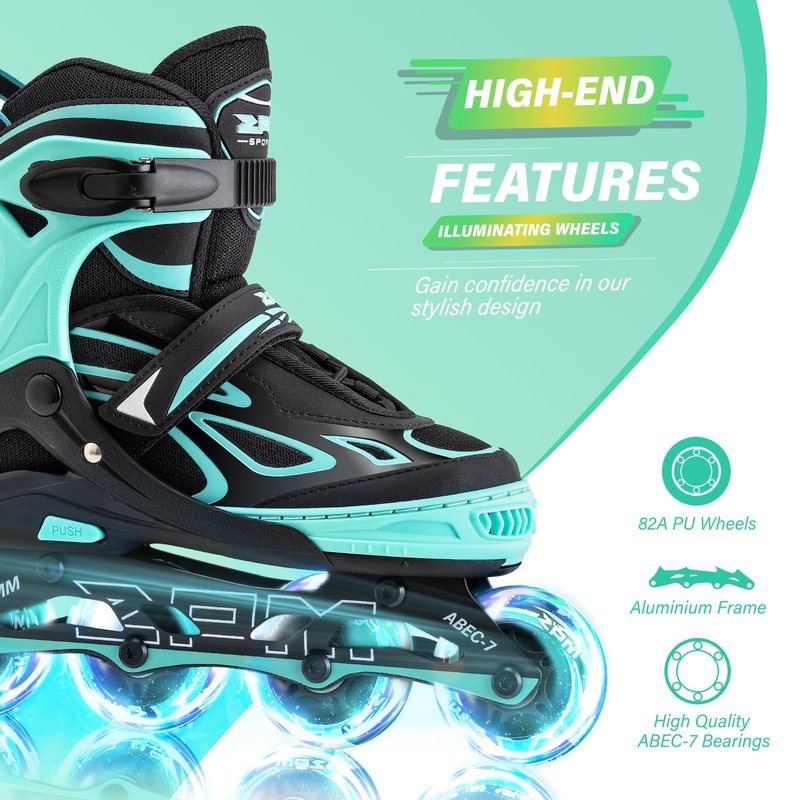 2PM SPORTS Vinal Girls Adjustable Flashing Inline Skates, All Wheels Light Up, Fun Illuminating Skates for Kids Women and Men - Mint Small