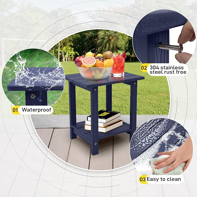 Outdoor Side Table, Weather Resistant Double Small Adirondack Side Table, Outdoor Indoor End Table for Adirondack Chair, 17" Patio Table for Pool, Deck and Porch, Deep Blue