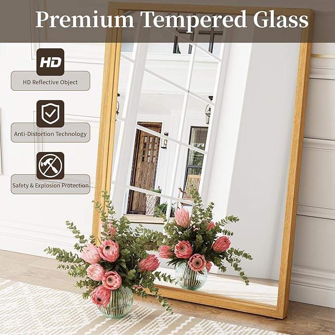 Syndra Natural Wood Frame Bathroom Mirror, 30x40'' Modern Vanity Mirror