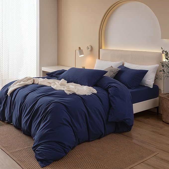 JIYUAN 100% Washed Cotton Duvet Cover Set 3 Pieces King, 1 Duvet Cover 104x90 Inches(Comforter Not Included) and 2 Pillowcases,Linen Feel Bedding Set Comfy and Breathable,Navy Blue