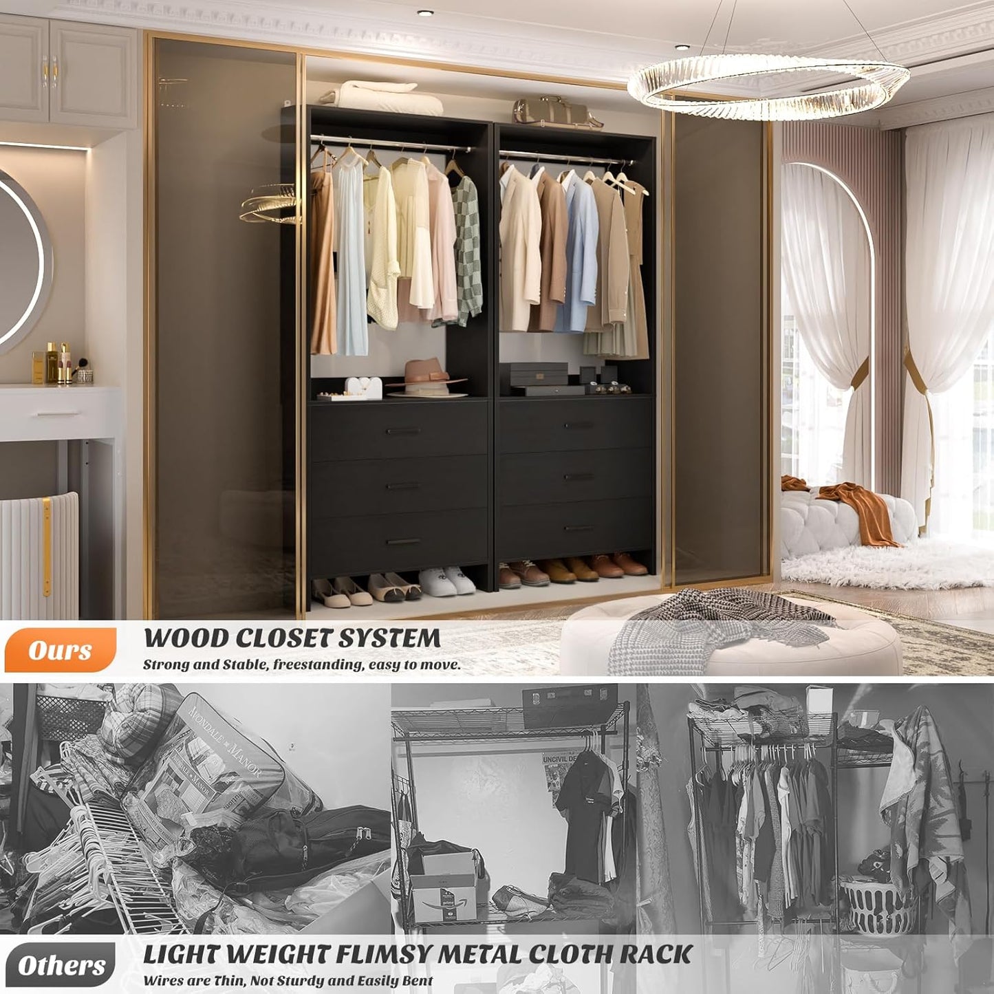 Aheaplus 2FT Closet System with 3 Drawers, 24’’ Closet Organizer, Wood Closet Organizer System, Walk-in Closet or Small Closets Wardrobe, Clothes Rack with Hanging Rods,-E7, Black