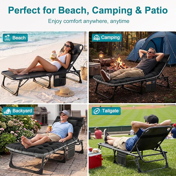 ABORON Tanning Chair, 5-Position Padded Folding Chaise Lounge | 5-position folding chaise lounge supports 500 lb and has a removable cushion and pillow for sunbathing, poolside or patio.