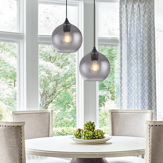 Gray Glass Pendant Lights Kitchen Island Lighting Globe Pendant Light Fixtures Modern Pendant Lighting for Kitchen Island Bedroom Living Dining Room Light Fixture-9.8in