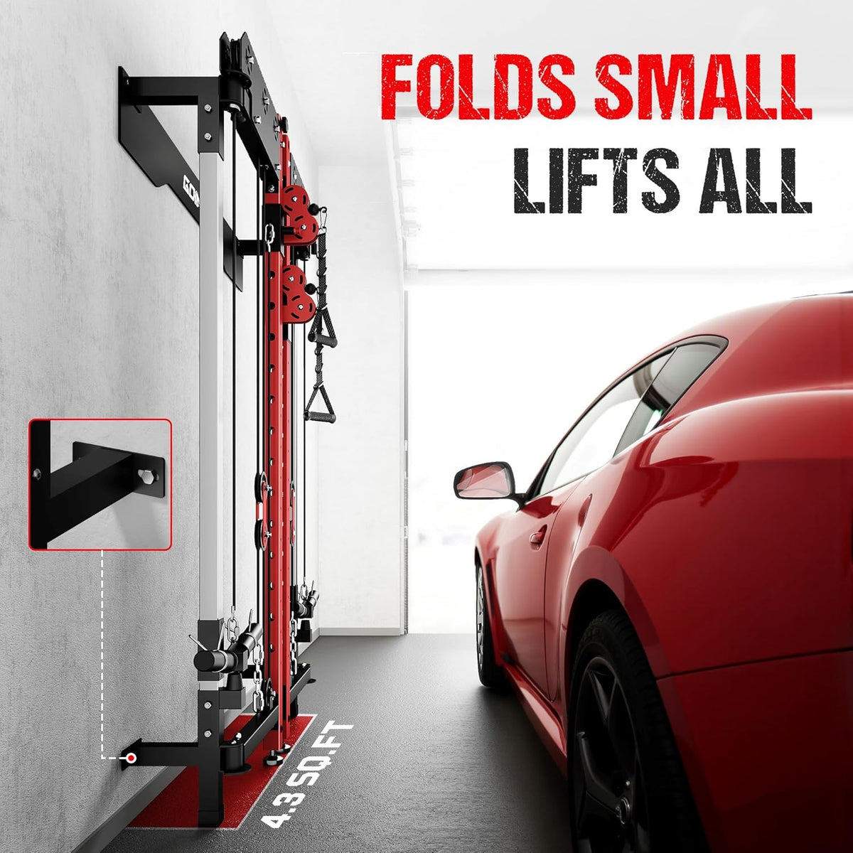 WM3-V4 Folding Squat Rack - Wall Mounted Power Rack with Dual Pulley System & 5 Adjustable Modes