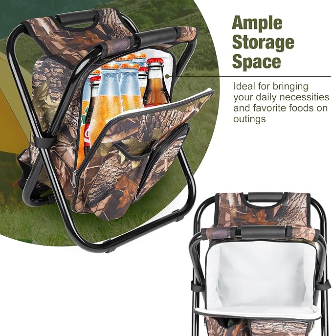 Kikerike Backpack Stool Cooler Chair Heavy Duty 300 LBS Max Load Portable Lightweight Stool Backpack Folding Fishing Cooler Seat for Camping Hunting Fishing - Woodland