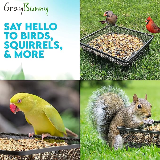 Ground Bird Feeder Tray for Outdoors (Metal) - Weather Resistant Platform Mesh Seed Tray for Wild Birds Squirrels Dove Cardinal Blue Jay Crows (11x11 in)