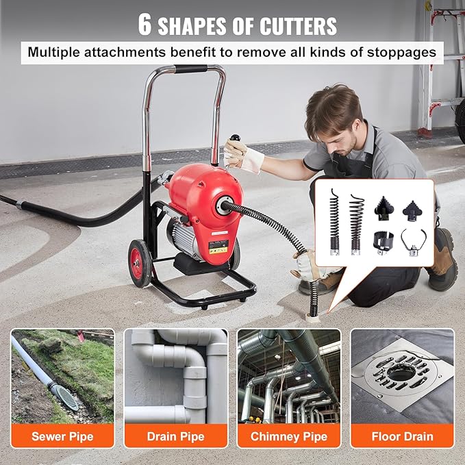 Happybuy Drain Cleaner Machine 120FT x 6/5 Inch - Powerful Unclogging Solution,1100W Electric Sewer Snake Auger Manual Feed - with 6 Cutters and CW/CCW Control for 4" to 8" Pipes